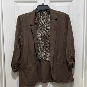 Style & Co. Unstructured Brown Blazer with Lace Animal Print Lining